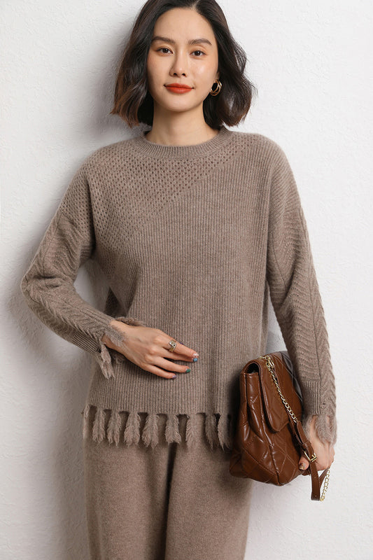 Fringed Round Neck Cropped Hollow Cashmere Sweater