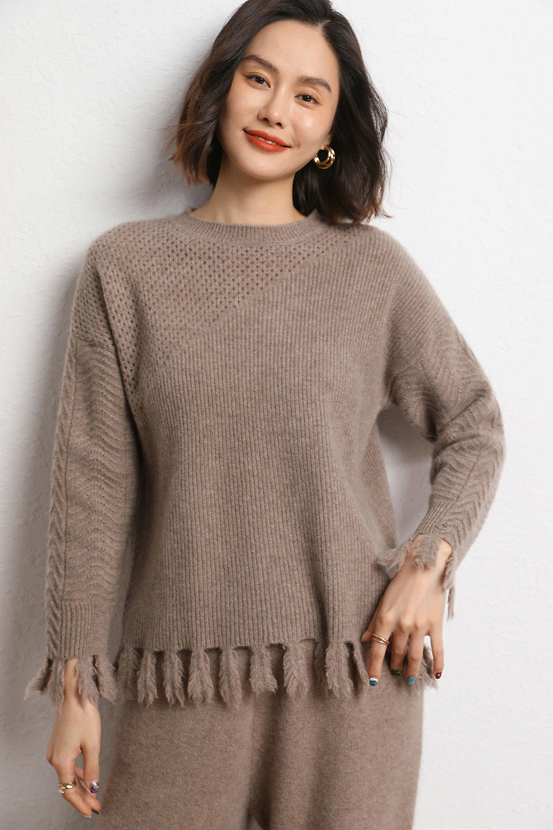 Fringed Round Neck Cropped Hollow Cashmere Sweater