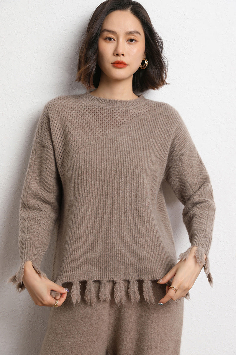 Fringed Round Neck Cropped Hollow Cashmere Sweater