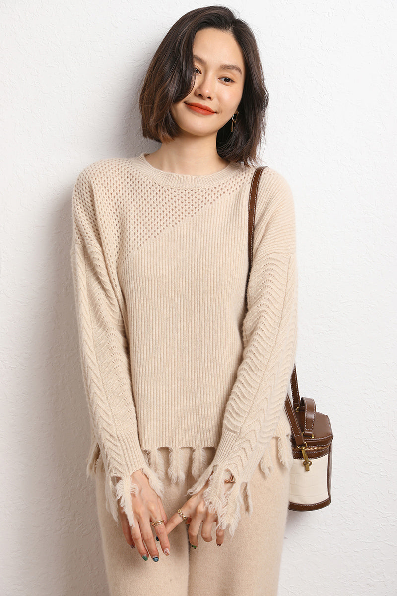 Fringed Round Neck Cropped Hollow Cashmere Sweater