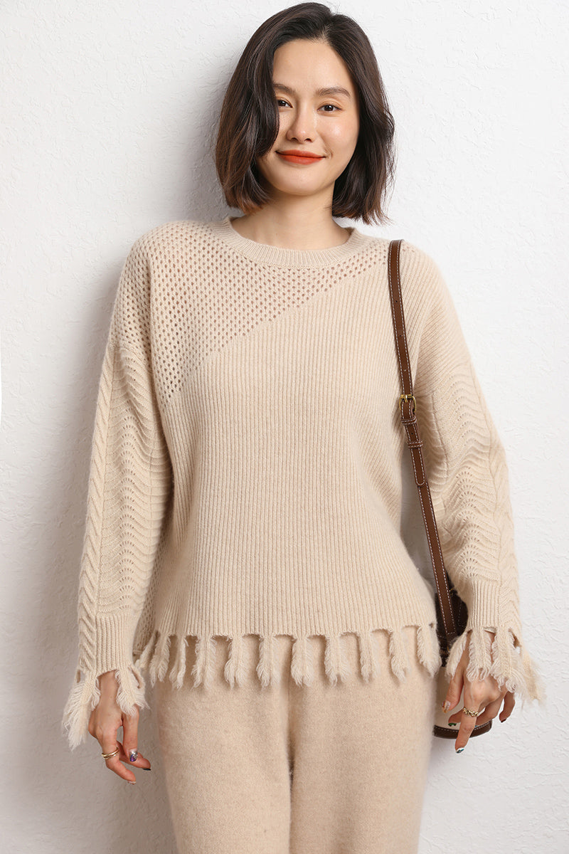 Fringed Round Neck Cropped Hollow Cashmere Sweater