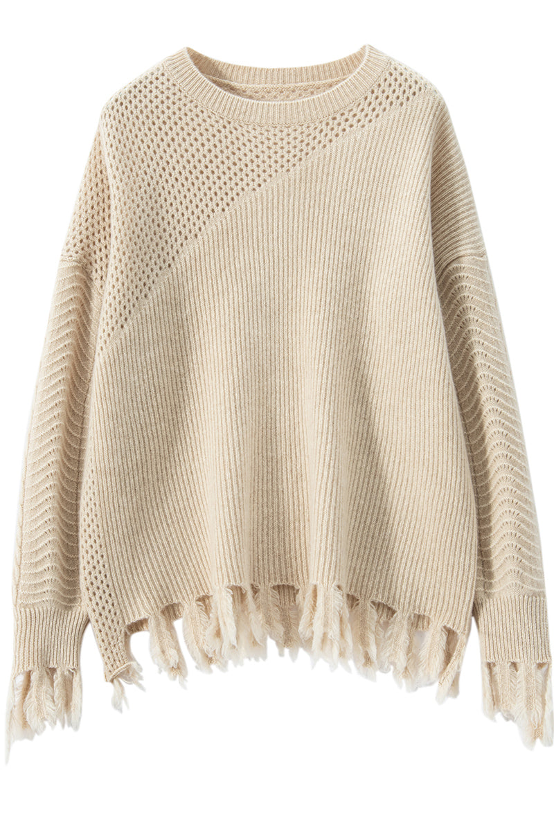 Fringed Round Neck Cropped Hollow Cashmere Sweater